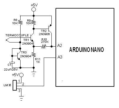 Figure 2. Arduino Temperature Sensor with Thermocouple and LM35 Circuit Schematic Diagram