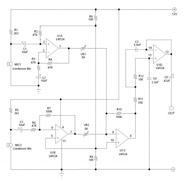Figure 2. Far Field Noise Cancelling Microphone Pre-Amp Circuit Schematic Diagram