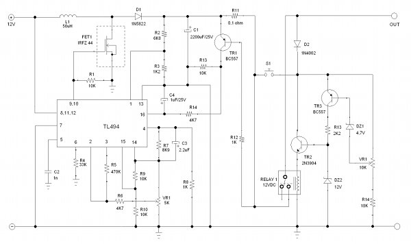 Figure 1. Circuit's Schematic Diagram of Hamuro's Step Up DC-to-DC Converter 12V to 19V for Laptop