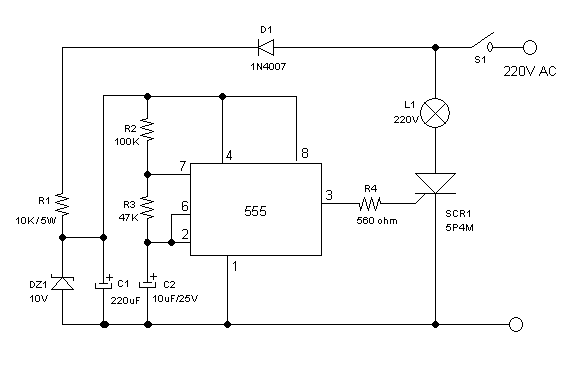 220V AC Flasher Lamp with 555 IC Schematic Diagram