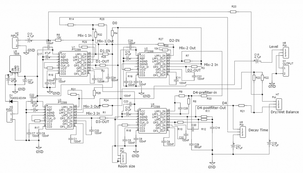 Hamuro Spring to Hall Reverb Circuit Using PT2399 IC